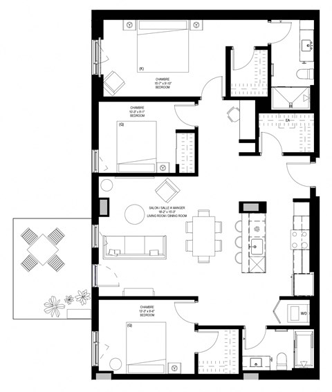 Floor plan for 3 beds, 2 baths